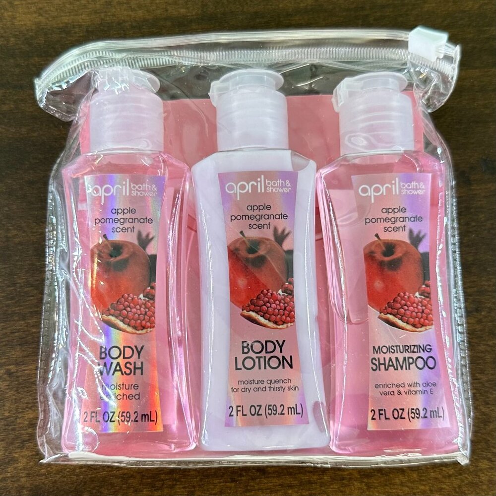 April Bath & Shower Apple Pomegranate Scent Travel Set Body Wash Lotion Shampoo